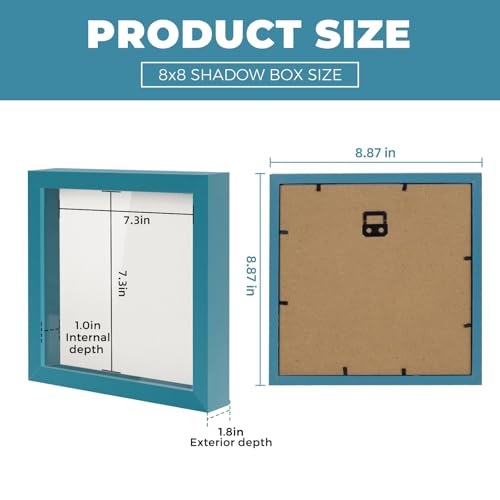 Muzilife 8x8 Shadow Box Picture Frame with Linen Board - Deep Wood & Glass Display Case to Hang Memory Box Baby Sports Memorabilia, Pins, Awards, Medals, Wedding, Tickets and Photos, Teal