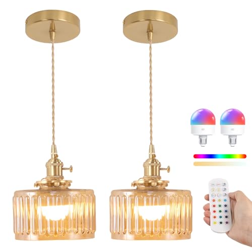Image of Shenmoyl Battery Operated Pendant Light 5000mAh Rechargeable Chandelier with Remote Control Wireless Adjustable Hanging Amber Striped Light for Kitchen Island Dining Room Hallway, 2 Pack
