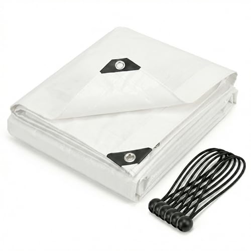 CoverUp! Telo impermeabile bianco 4 x 4 200 g/m² con 10 gomas di fissaggio e occhielli in alluminio – extra resistente UV e strappi – copertura premium