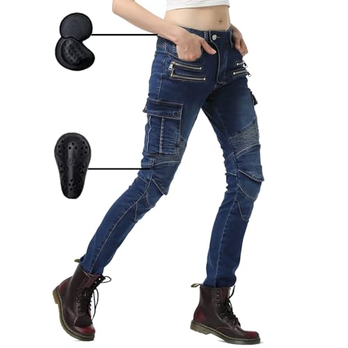AIMENJOY Jeans da Moto da Donna, Pantaloni da Moto Elastici Sottili da Donna, con Armature CE Rimovibili per Anca e Ginocchio, Pantaloni da Moto da Corsa (Blue,L)