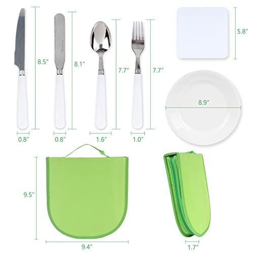 Vech Camping Silverware Kit Cutlery Organizer Utensil Picnic Set - 11 Piece Mess Kit For 2 - White Plate Spoon Butter And Serrated Knife Fork Hiking - Camp Kitchen Bbq Travel #TOP2