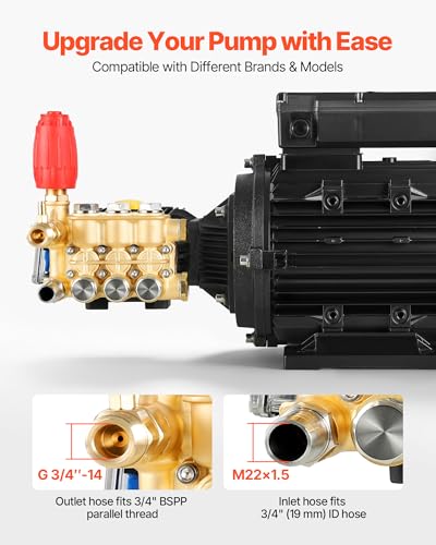 Image of VEVOR Electric Pressure Washer Pump Kit, 1950 PSI, 3.2 GPM, Triplex Power Washer Pump with 5 HP Motor 240 V, Adjustable Water Pressure, for Washing Cars, Gardens, Exterior Walls, Machinery Equipment