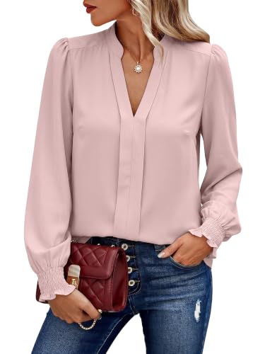 Theenkoln Blusen für Damen 2026 Herbst Elegant V-Ausschnitt Winter Oberteile Casual Langarmshirt Hemdshirt Longshirt Hellrosa L