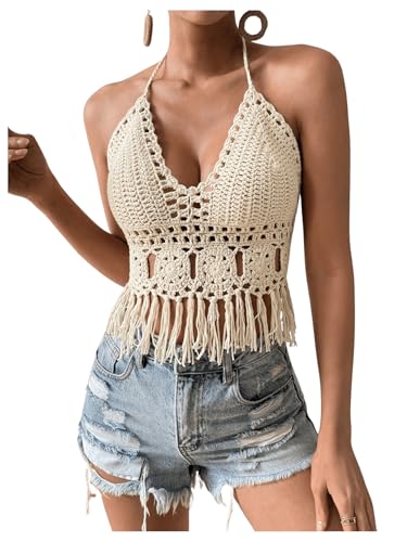 SOLY HUX Women's Crochet Tops Summer Sexy Knitted V Neck Sleeveless Camisole Halter Fringe Crop Top4