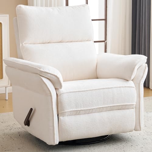 Image of Oversized Swivel Rocker Recliner with Adjustable Headrest, Rocking Chair Nursery with Overstuffed Armrest, Manual Rocker Recliner Nursery Chair for Living Room, White