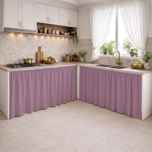 Image of LINENWALAS Under Sink Curtain for Kitchen - Pack of 2 | 132x71 cm Polyester Under-Sink Cover | Washable Storage-Hiding Curtain with Rod Pocket | Kitchen & Bathroom Cabinet Cover (Lilac)
