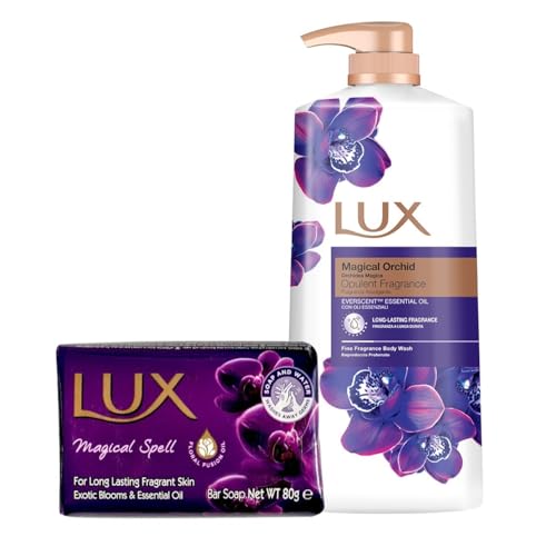 LUX Body Wash, Magical Orchid with Juniper Oil - Gentle & Soothing Skin Care, Nourishing Body Cleanser, Shower Gift for Women - 1L and Lux Purple Magical Soap Bars 80g x 1