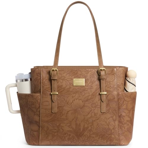 Image of LOVEVOOK Laptop Tote Bag for Women, Vintage Leather 15.6 Inch Work Tote with Large Water Bottle Pocket, Teacher Nurse Professional Computer Bag, Office Briefcase Handbag Gift, Printed Brown