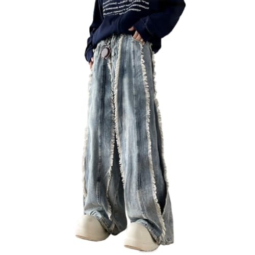 HZCX FASHION Mens Y2k Streetwear Baggy Hip Hop Jeans Wide Leg Skater Denim Pants Raw Tassel Trousers Ripped Palazzo Pants