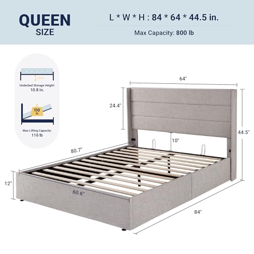 Allewie Queen Size Lift Up Storage Bed, Modern Wingback Headboard, Hydraulic Support, No Box Spring Needed, Light Beige