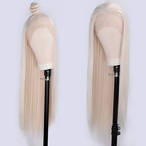 Isaic Platinum Blonde Lace Front Wigs for Women 30 Inch Long Straight Wigs Pre Plucked 60# Color Natural Looking Wig for Daily and Party Use Heat Resistant Fiber