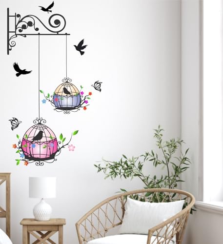Image of Hanging Birds Cage with Flowers Wall Stickers Vinyl Wall Stickers for Bedroom,Living Room,Kids Room,Hall Wall Cover Size 46X81CM-Self-Adhesive