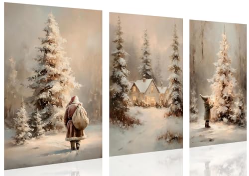 Vintage Christmas Tree Forest Canvas Wall Art Pictures Painting Set