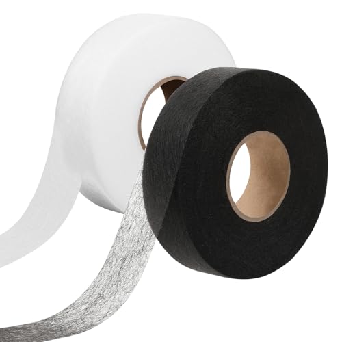 55 Yards 1 Inch Iron on Hemming Tape, 2 Rolls Adhesive No Sew Hem Tapes Versatile Hemming Tape Fabric Iron On Hem Tapes Light and Medium Weight Adhesive Web for Curtain, Pants, Clothes(Black, White)