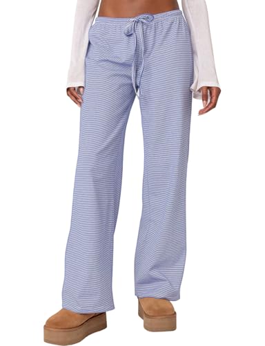 Ugerlov Women's Wide Leg Striped Pants Casual Drawstring Elastic Low Rise Pajama Pants Lounge Wear Trousers