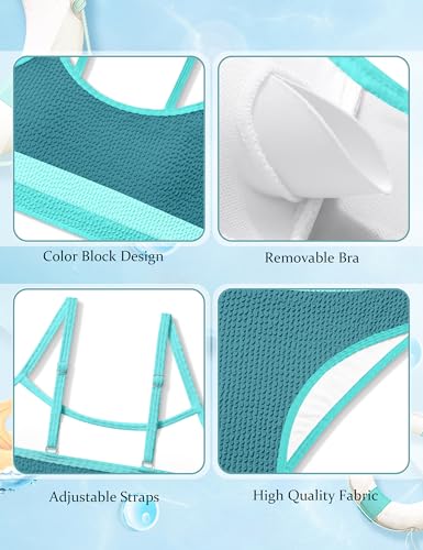 Image of Girls Bathing Suit Color-Block Adjustable Straps Bikini Sets Girls Two Piece Swimsuits with Chest Pad Swimwear 7-18T