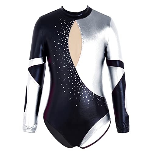 dPois Justaucorps Gymnastique Fille Manches Longues Métallique Justaucorps Danse Classique Fille Vêtement de Sport Yoga Ballet Combinaison Patinage Dancewear 3-16 Ans C Argenté 11-12 Ans Cover