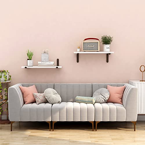 Godimerhea White Floating Shelves For Wall, Over Toilet Bathroom Modern Wall Mounted Set Of 2, Neutral Wooden Storage Decorative Hanging Shelf With Black Brackets For Living Room, Kitchen, Office #TOP6