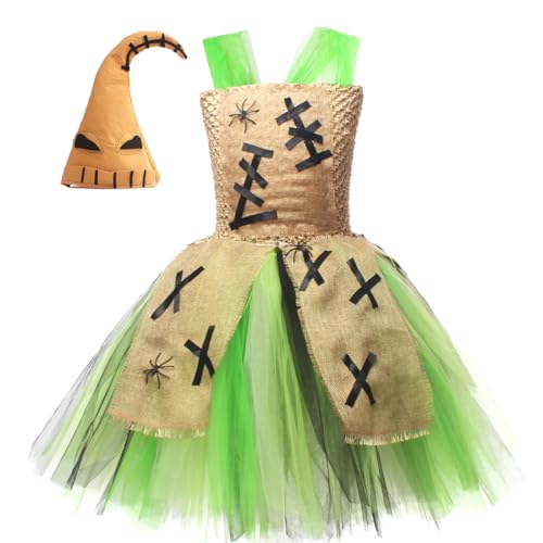 IDOPIP Kids Girls Halloween Costume Witch Cosplay Nightmare Doll Fancy Dress Puff Tulle Tutu Dresses Christmas Eve Dress Up with Hat Green S/2-3Y - Image 4