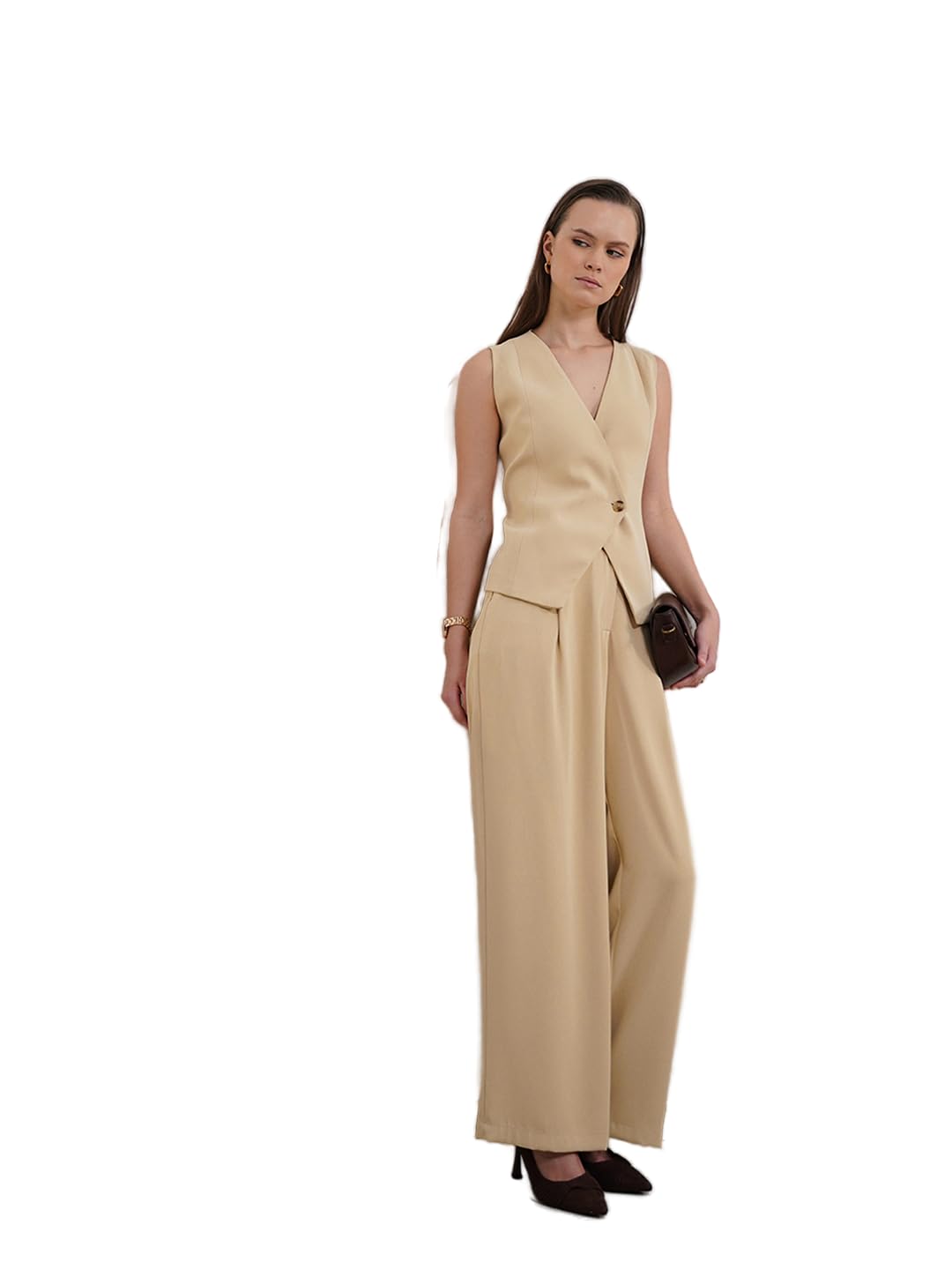 fablestreet Women Co-ord Set Formal | Regular Fit V-Neck Sleeveless Solid Pattern | Woven Suiting Fabric & Pleated Wide-Leg Trousers For Office & Business Wear-picture-1