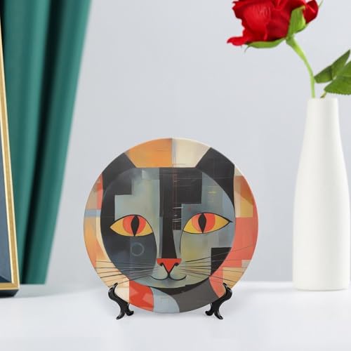 Plato decorativo de cerámica blanco con gato ojos rojos miniatura 6