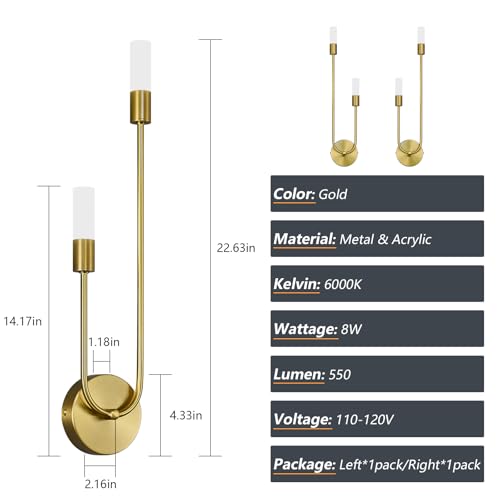 Image of Gold Wall Sconces Set of Two U Shape 2 Light 6000K LED Wall Sconce Dimmable Bathroom Sconces Modern Sconces Wall Lighting for Bedroom Hallway Wall Light Fixtures Indoor