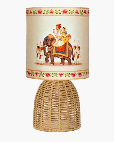 Image of Homesake Handwoven Rattan Table Lamp with Rajasthani Art Fabric Shade, Decorative Raffia Cane Bedside Lamp for Bedroom, Boho Table Lamp for Living Room, E27 Holder, Warm Ambient Home Decor Lighting