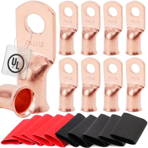 TKDMR 10pcs 2 AWG-5-16 Battery Lugs,Heavy Duty Wire Lugs,Ring Terminals,Battery Cable Ends,0 Guage terminals,Battery Terminal Connectors with 10pcs 4:1 Heat Shrink Tubing