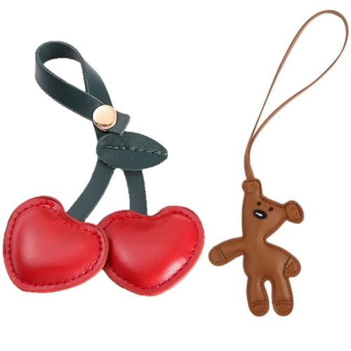 Brown Bear Bag Charm,2PCS Cute Leather Charms for Handbags Bag, Backpack, Car,Cherry PU Key Bag Accessories Charms Gift for Girls Women.