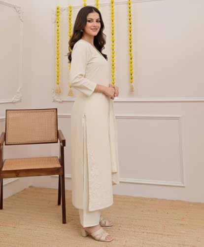 Image of ANNI Designer Pure Cotton Embroidered Kurta Set for Women | Rust Orange Kurta with Pants & Dupatta | Floral Neck & Hem Embroidery | Cotton Kurta Set for Women | 10 Colour Options Available