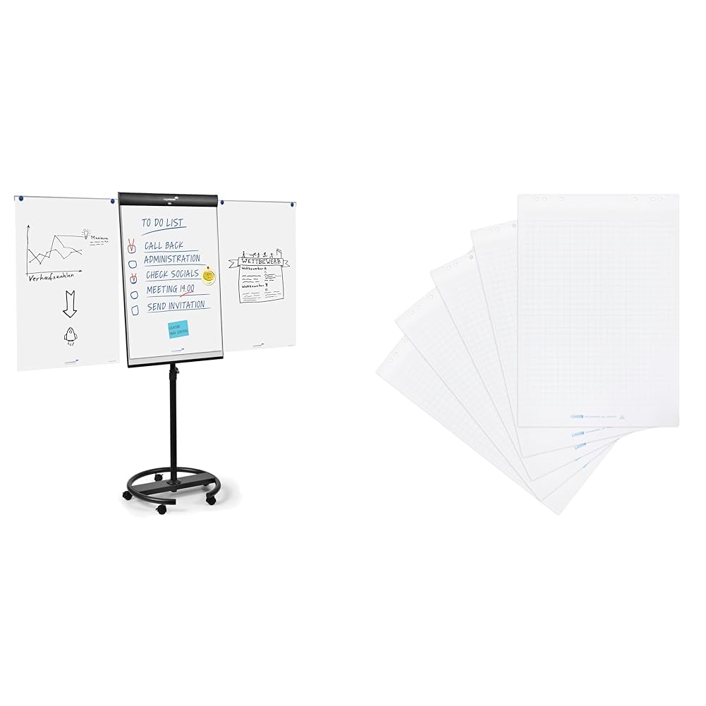 Legamaster 7-153600 Universal Flipchart Triangle Rundfuß, schwarz & Landre Flipchart Papier, kariert, 20 Blatt je Block, 5er Pack