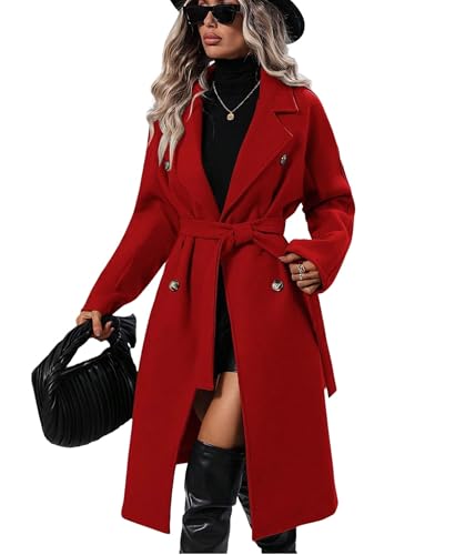 OPCAKM Women's Winter Wool Blend Pea Coat Double Breasted Notch Lapel Long Trench Coat(Red-S)
