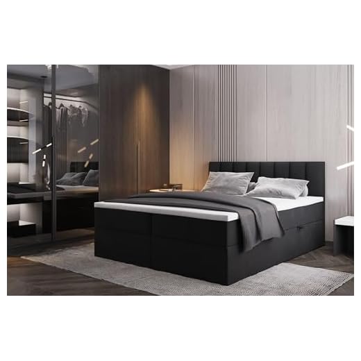 TRADA Letto Contenitore Matrimoniale con Contenitori e Materasso Pocket H3 - Elegante Letto PALERMO con Materasso e Topper - Nero - 200 x 200 cm