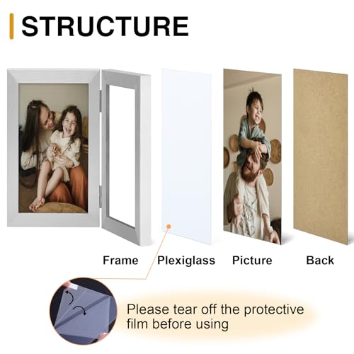 decorUhome Double 5x7 Picture Frame Vertical, Engineered Wood Bifold Photo Frame with Plexiglass for Tabletop Display, 5x7, Silver