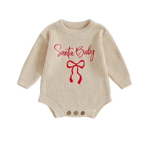 Newborn Baby Girl Christmas Sweater Santa Baby Bow Embroidery Knit Romper Jumpsuit Bodysuit Fall Winter Clothes
