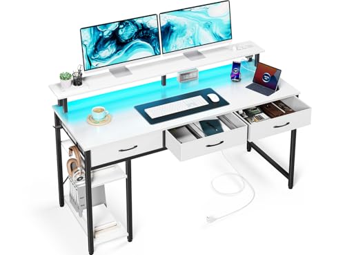 Seventable Schreibtisch mit Schubladen, Computertisch mit Steckdosen & LED, Gaming Tisch mit Monitorständer, Regal & 2 Haken, Gaming Schreibtisch für Büro, Wohnzimmer (Weiß, 120 cm)