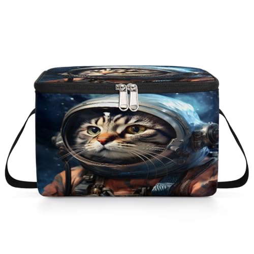 GzLeyigou Astronaut Cat Lunch Bags for Women Men 9 Cans, Hot & Cold Food Delivery Bag Insulated Grocery Bag Insulated Lunch Box Space Cat Cooler Bag for Office Work Picnic Beach
