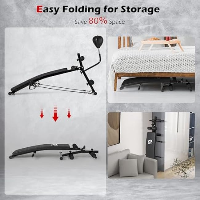 Goplus Adjustable Decline Sit Up Bench for Exercise, Foldable Curved Slant Bench with Speed Ball, Pump & 2 Resistance Bands, Heavy Duty Metal Frame, Full Body Ab Workout Equipment for Home Gym, Black