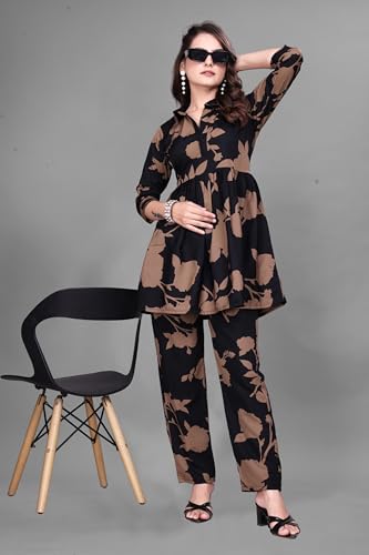 Image of Women Crepe 3 /4 Sleeves V Neck Cord Set Featuring Floral Pattern Design 2 Piece Ethnic Wear Set
