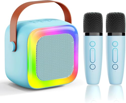 Mini Karaoke Machine with 2 Wireless Mics & LED Lights - Kids & Adults