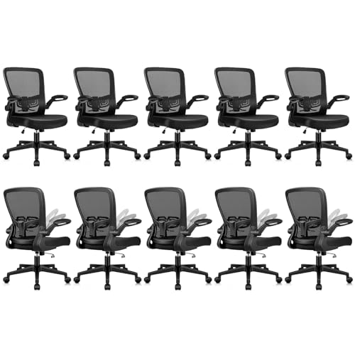 Image of KLASIKA Desk Chairs with Wheels, Ergonomic Mesh Office Chair Adjustable Height and Swivel Lumbar Support Home Office Chair with Flip Up Armrests, Set of 10