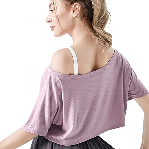 Dream Slim Women's Loose Half Sleeve Crop Tops Off The Shoulder Yoga Running Shirts Ribbed Knit Cropped Workout Top Blouses (Purple, S) #TOP1