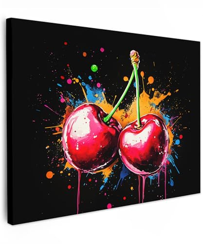 MuchoWow© Impression sur Toile Photo Peinture 40x30 cm Tableau Decoration Murale Chambre Salon Maison Deco Cuisine Cerises - Fruit - Graffiti - Peinture - Abstrait -...