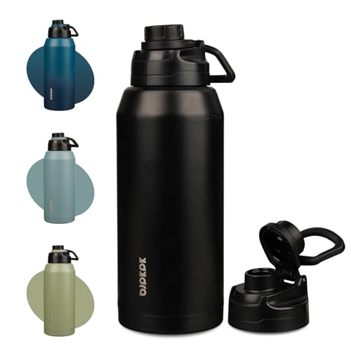 Image of BJPKPK 64 oz Half Gallon Water Bottle, Leakproof Insulated Stainless Jug | Double Wall Vacuum, Keeps Hot /Cold, BPA Free, Dishwasher Safe, Wide Mouth, Spout Lid, Carry Handle, Travel & Hiking, Black