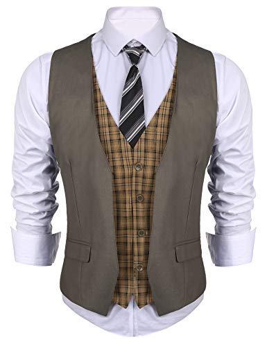 COOFANDY Men's Business Suit Vest Layered Plaid Dress Waistcoat for Wedding, Date, Dinner