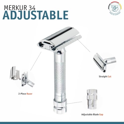 Image of MERKUR 34 Adjustable 2-Piece Double-Edge Safety Razor for Men in Bright Chrome with Standard Handle and Closed Comb - Adjustable Blade Gap, Made in Germany
