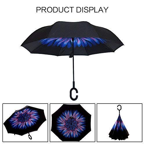 MRTLLOA Double Layer Inverted Umbrella with C-Shaped Handle, Anti-UV Waterproof Windproof Straight Umbrella for Car Rain Outdoor Use(Blue flowers) - Thumbnail 7