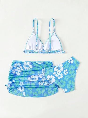 Milumia Biquíni feminino de 3 peças com alças finas e saída de praia, Azul floral, 11 Anos