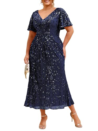 Image of Ever-Pretty Plus Women's Sequin V Neck Plus Size Prom Dress Mermaid Formal Cocktail Evening Dresses for Curvy Women