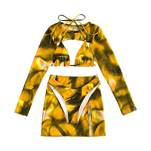 Traje de baño Tankini con Falda Estampada y Mangas largas para Solar en Playa (Yellow, S)